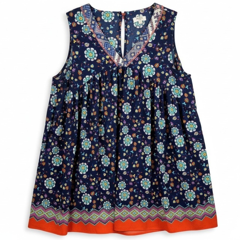 Umgee USA Tunic Dress Large Women's‎ Navy Floral Print Sleeveless Boho Travel